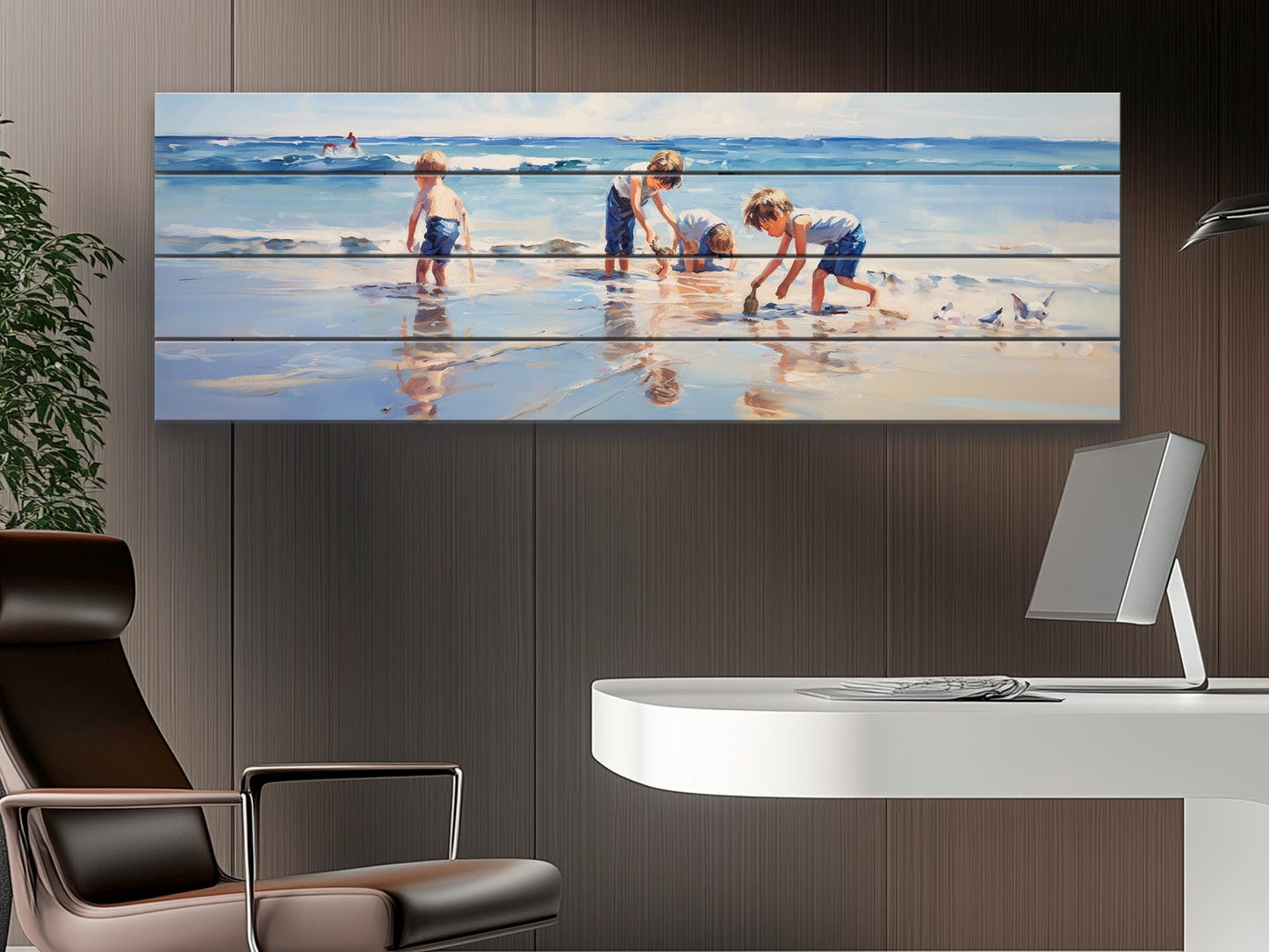 Wood Wall Art – Large Beach Wall Decor with Kids Playing on the Beach Print
