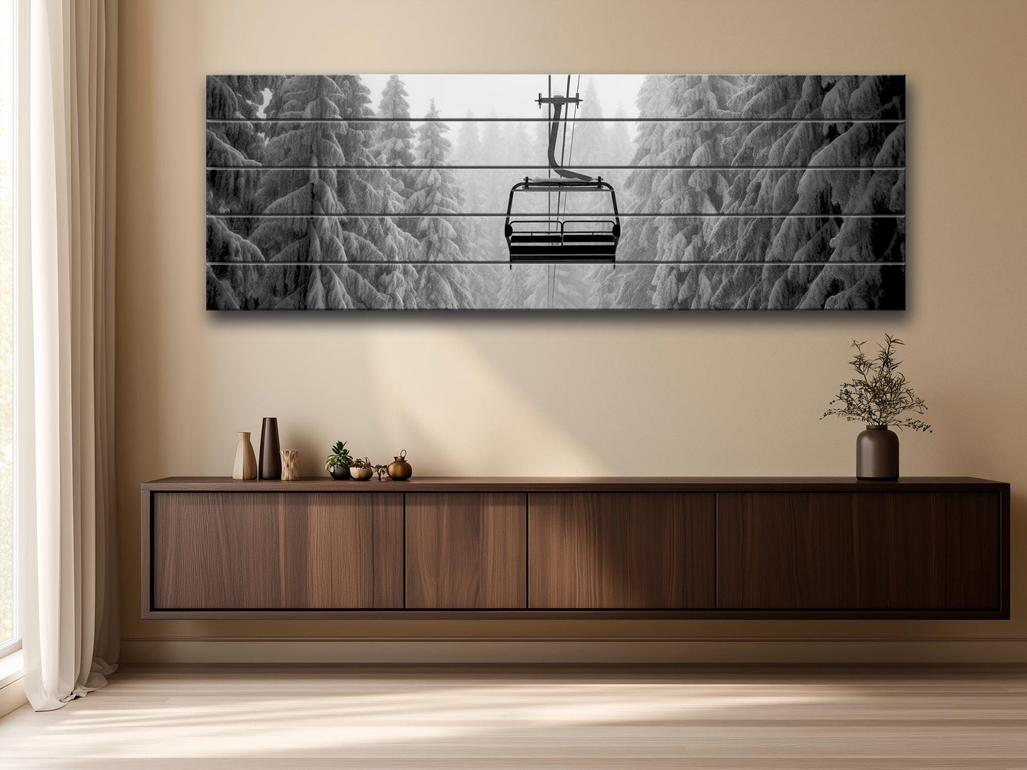 Ski Lift Wall Art – Large Wooden Wall Decor with Natural Wood Print & Rustic Mountain Cabin