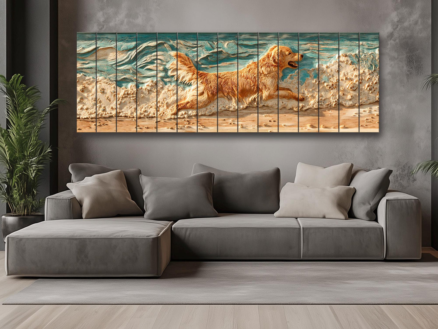 Golden Retriever Wall Art – Rustic Pet Painting on Textured Wood Panel, Cozy Home Decor