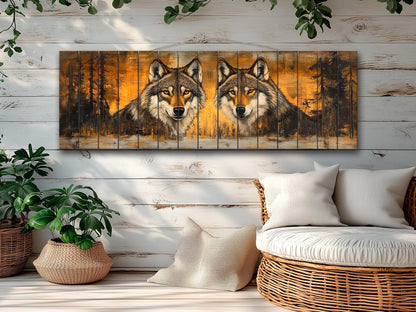 Rustic Wood Wall Art - Wolves Couple Art on Natural Wood Plank Painting