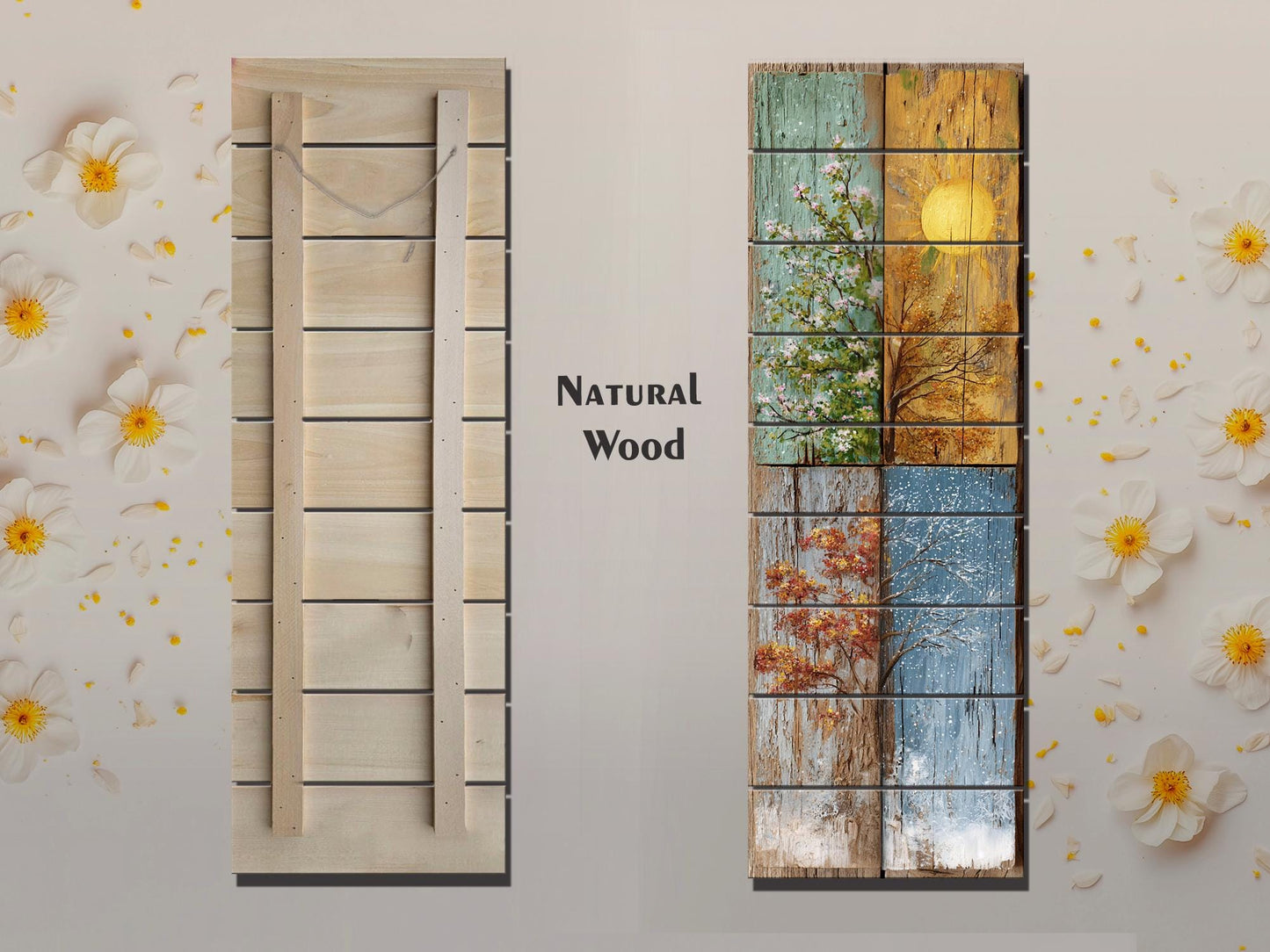 Rustic Wood Wall Art – Four Seasons Artwork on Natural Wood Planks | Cozy Living Room Decor