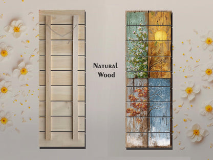 Rustic Wood Wall Art – Four Seasons Artwork on Natural Wood Planks | Cozy Living Room Decor