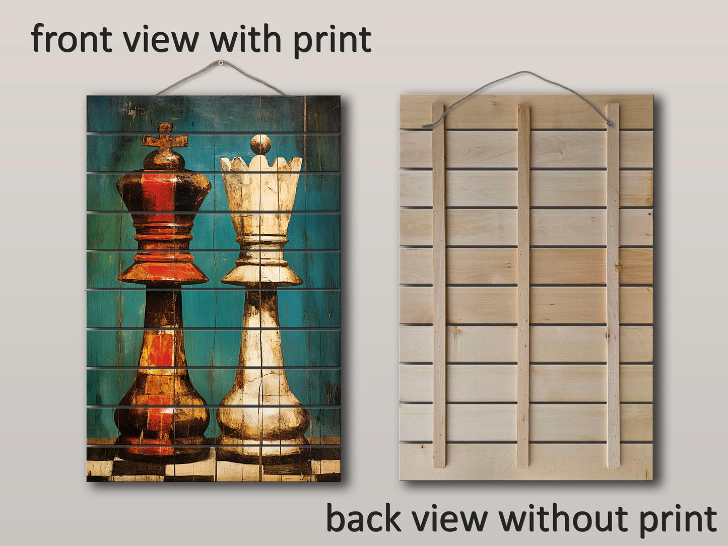 King Queen Chess Art - Rustic Wooden Chess Print On Natural Wood, Ready To Hang