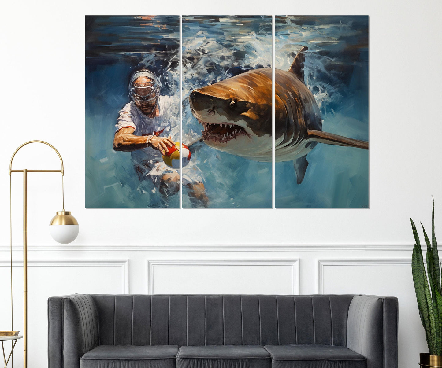 Water Polo Canvas Print – Abstract Water Polo Wall Art with Shark, Framed & Ready to Hang