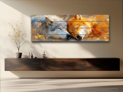 Sleeping Wolf Couple Print on Wood, Romantic Wildlife Wall Art