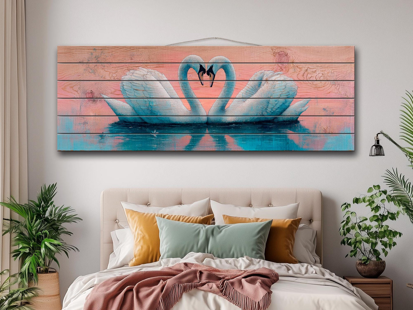 Swans Couple Forming a Heart at Sunrise Print on Natural Wood, Romantic Wall Art, Rustic Swans Painting, Swans Wall Art, Wood Wall Art