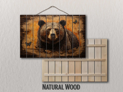 Rustic Grizzly Bear Print - Natural Wood Wall Art | Cabin Decor & Wildlife Artwork