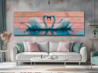 Swans Couple Forming a Heart at Sunrise Print on Natural Wood, Romantic Wall Art, Rustic Swans Painting, Swans Wall Art, Wood Wall Art