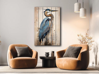 Heron Print on Natural Wood – Oil Painting Style Rustic Cabin Wall Art