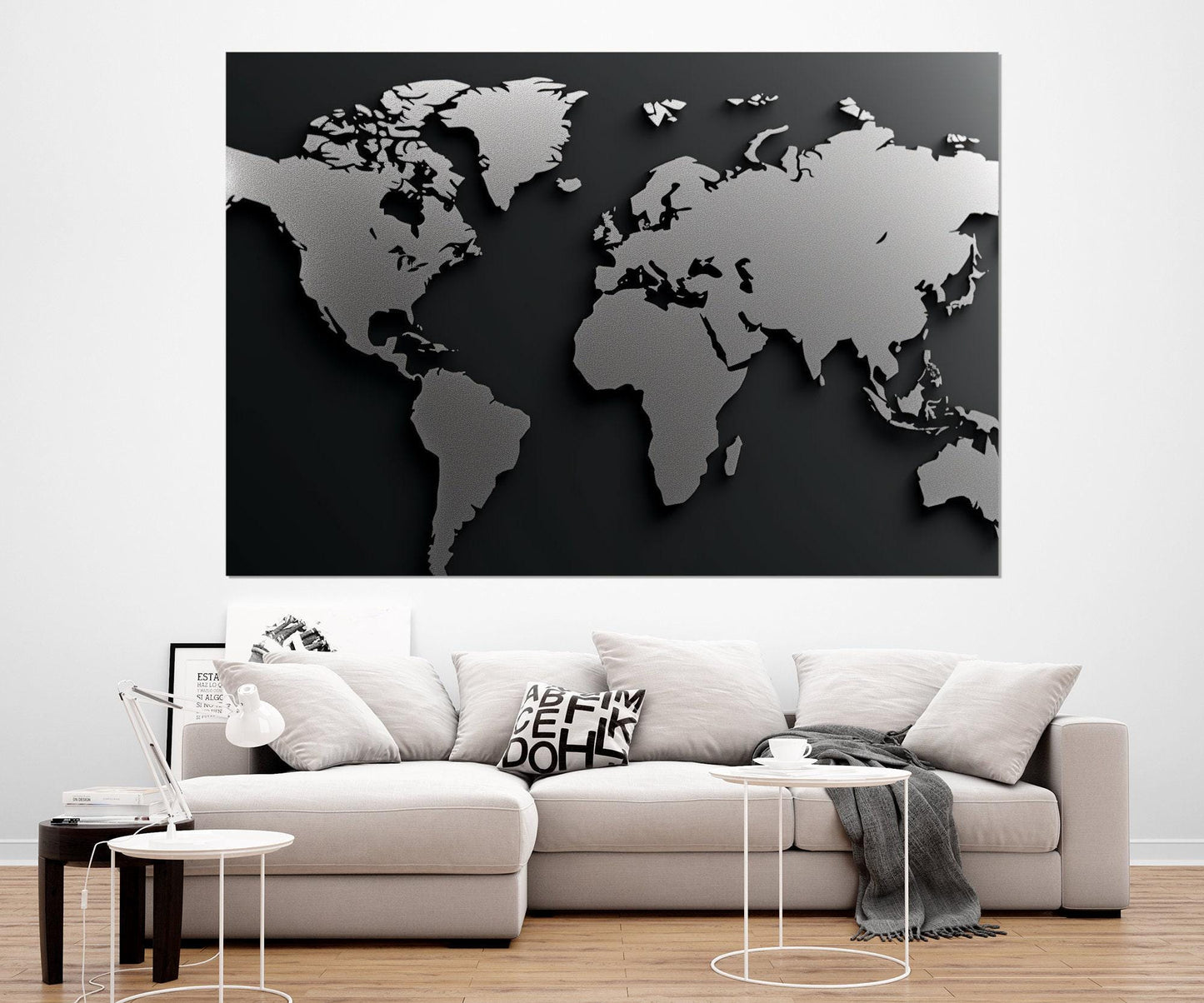 Monochrome World Map Canvas – Modern Office Decor | Framed & Ready to Hang