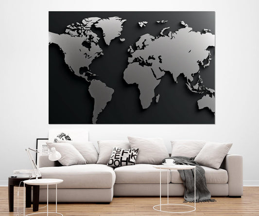 Monochrome World Map Canvas – Modern Office Decor | Framed & Ready to Hang