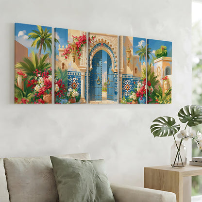 a large, colorful painting of an ornate gate with a blue arch, surrounded by tropical plants and flowers, hanging on a wall above a couch in a living room setting.