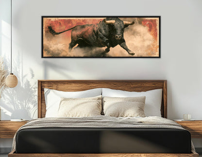 Rodeo Bull Canvas Print, Charging Bull Panorama, Large Western Wall Art, Framed and Ready to Hang