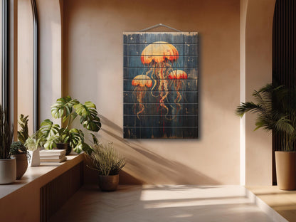 Jellyfish Wall Art – Rustic Wood Decor | Unique Natural Wood Print