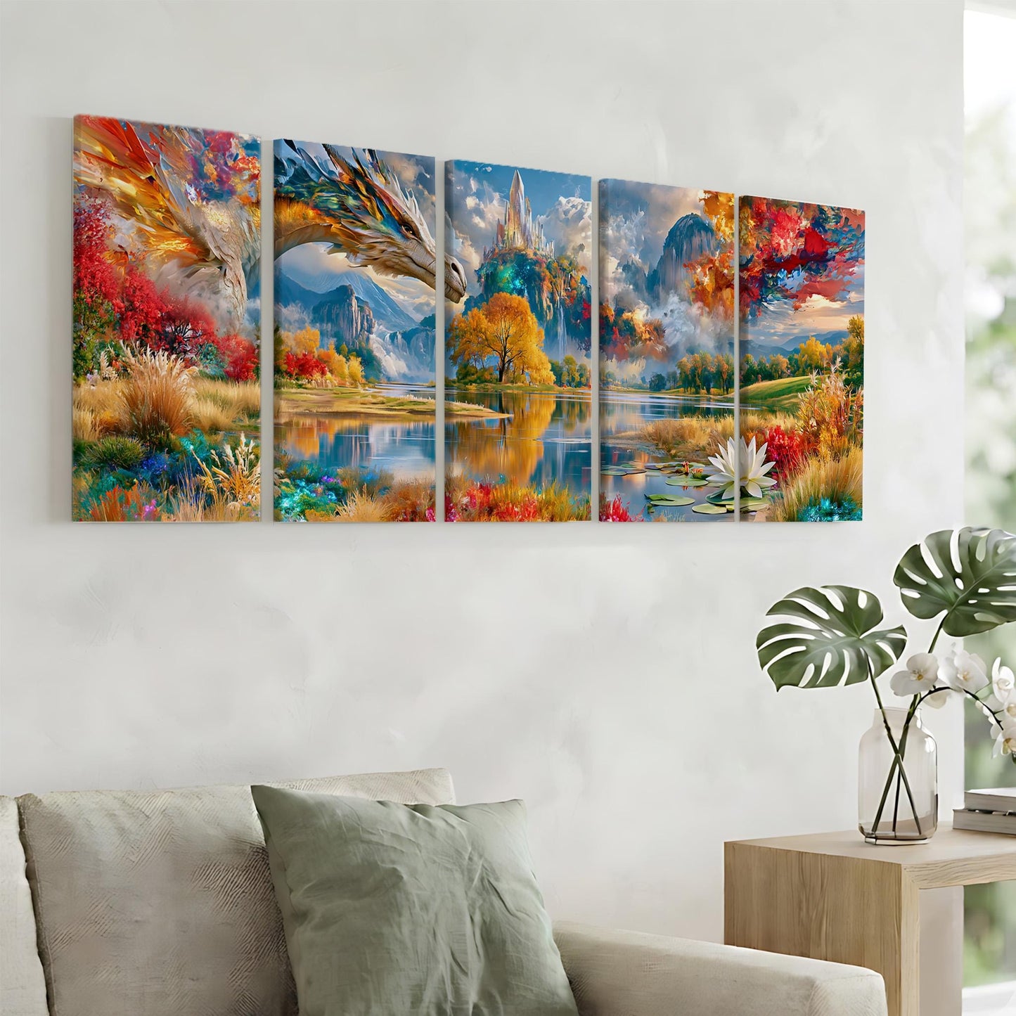 a large, colorful painting of a landscape with mountains, trees, and a lake, hanging on a wall above a couch in a living room.