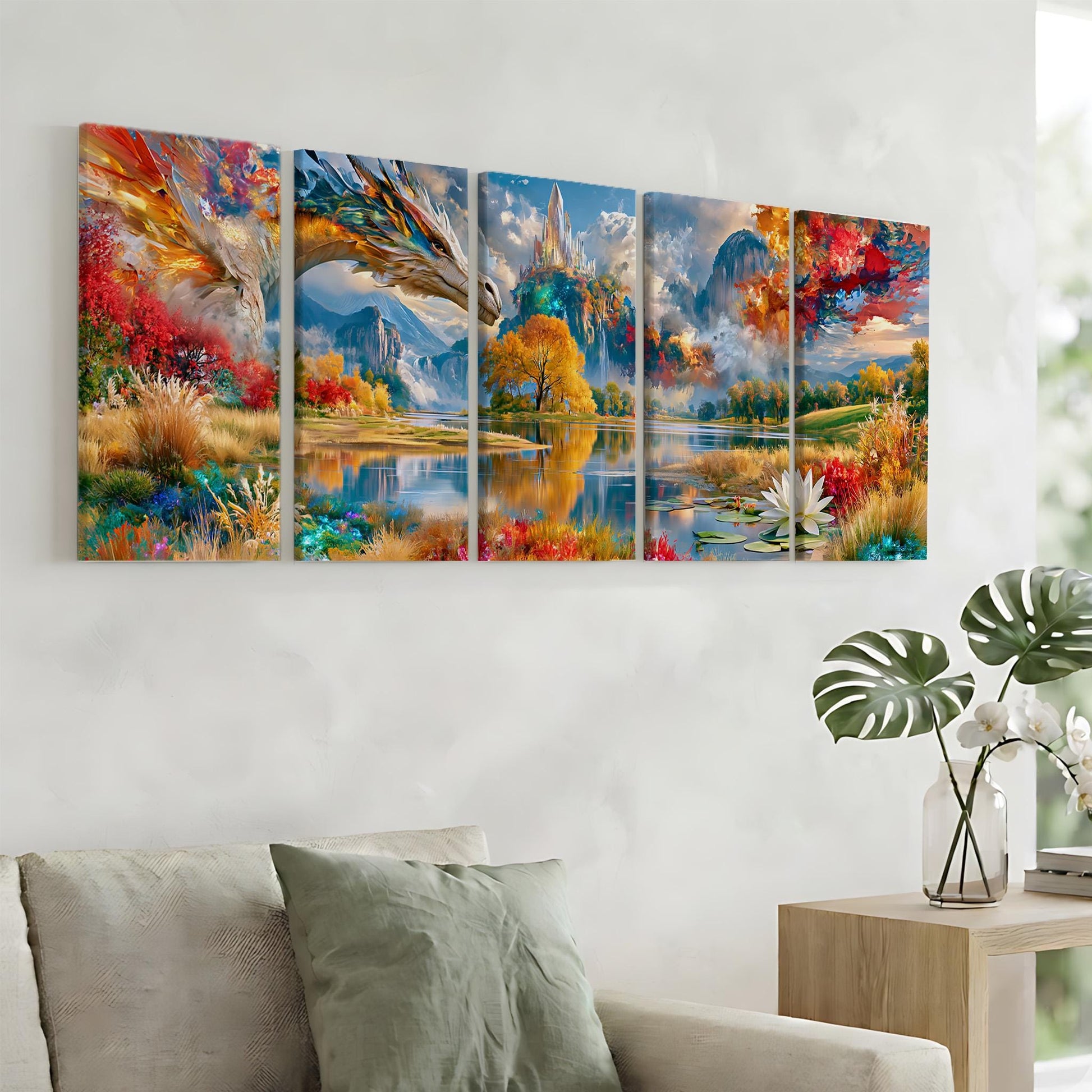 a large, colorful painting of a landscape with mountains, trees, and a lake, hanging on a wall above a couch in a living room.
