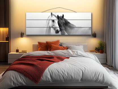 Wooden Wall Art – Black and White Horses Couple Print on Natural Wood Planks