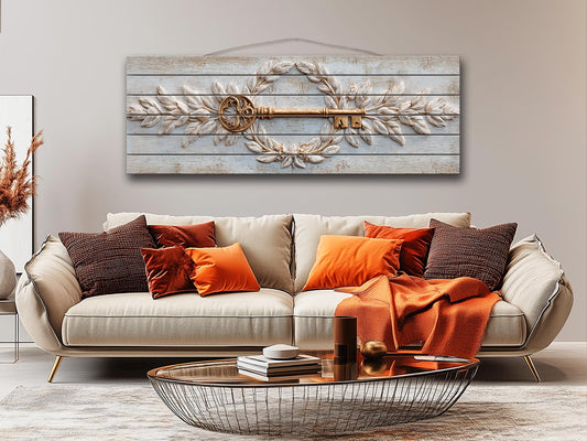 Wood Wall Decor – Rustic Wood Art with Laurel Wreath and Vintage Key Print