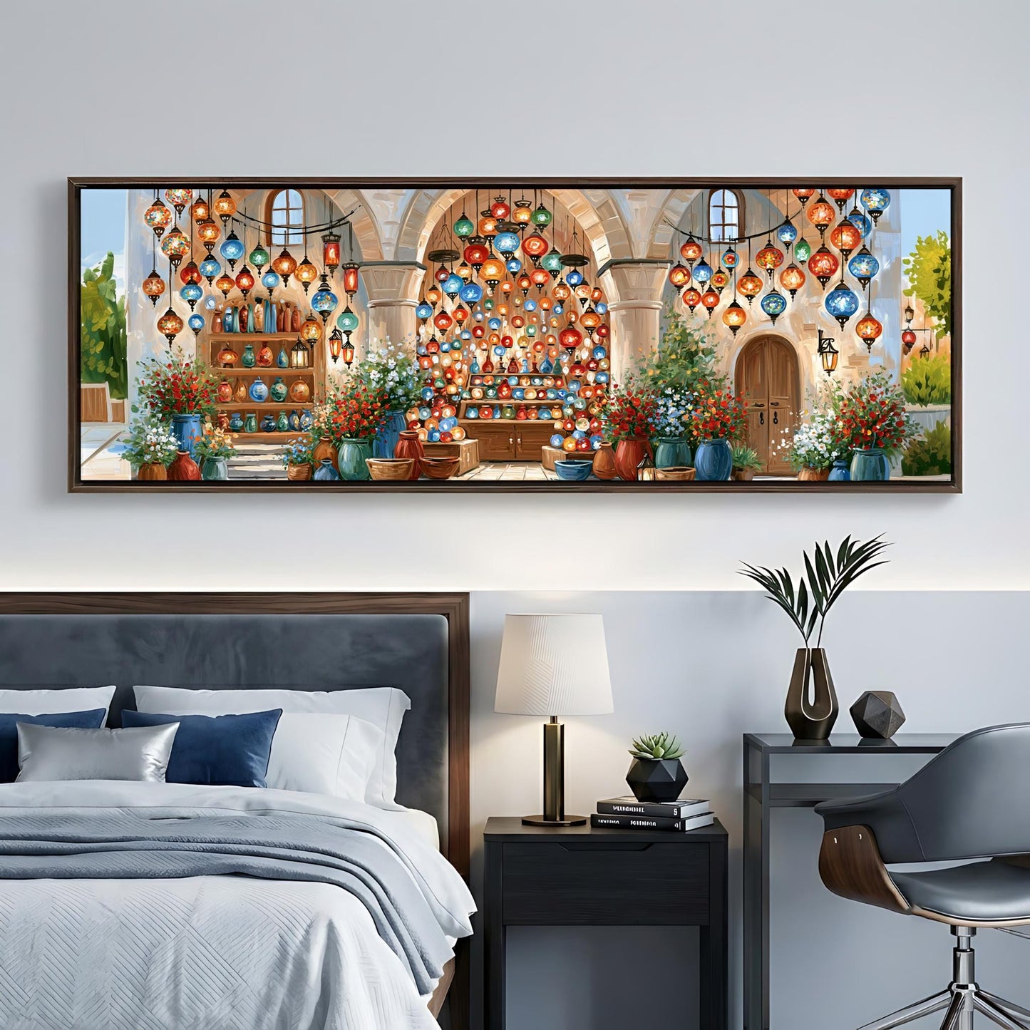 a bedroom with a large painting of a colorful and festive scene hanging on the wall above a bed.