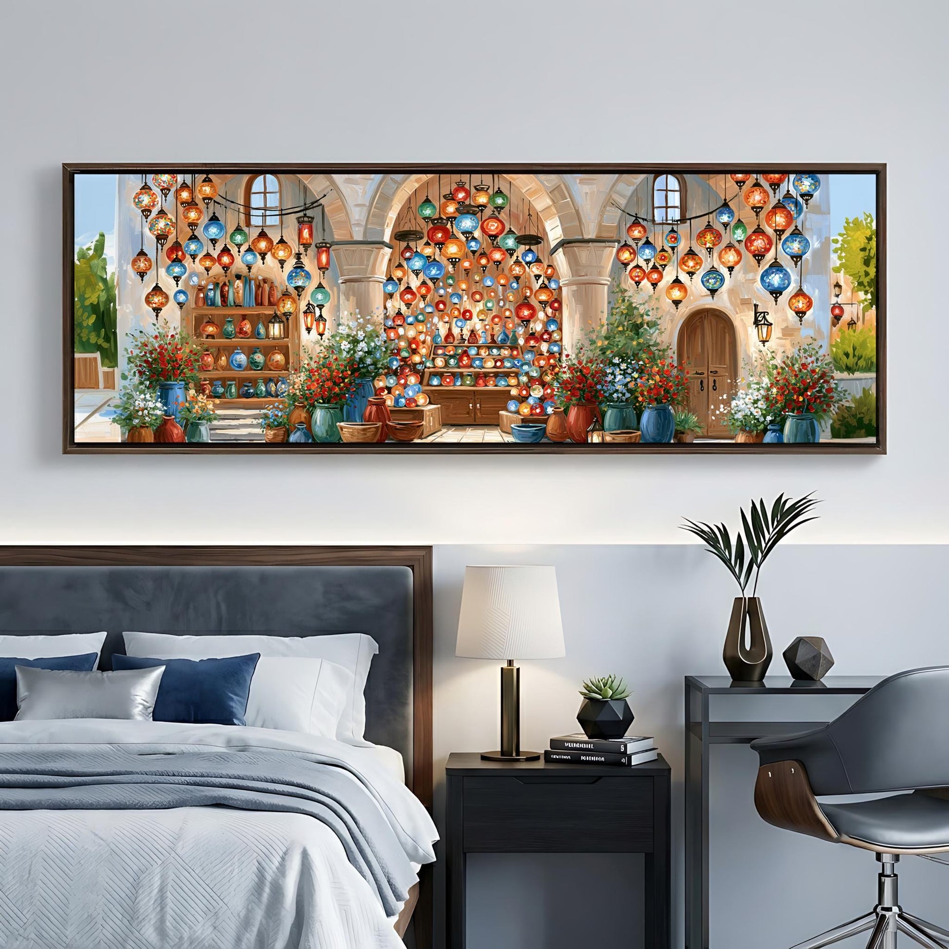 a bedroom with a large painting of a colorful and festive scene hanging on the wall above a bed.