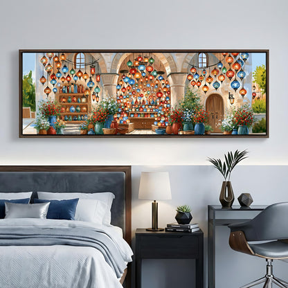 a bedroom with a large painting of a colorful and festive scene hanging on the wall above a bed.