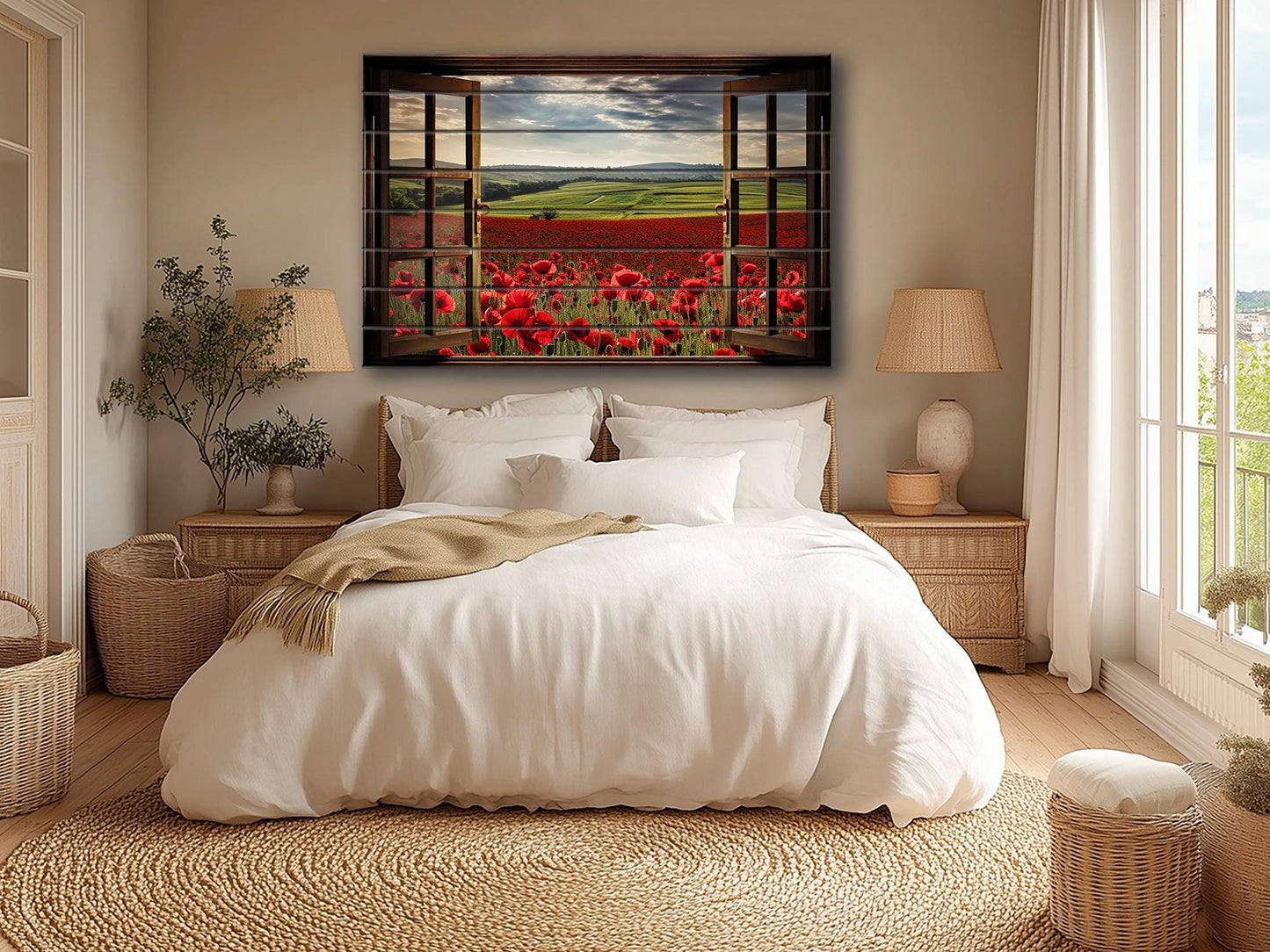 Wood Wall Art – Faux Window Print with Poppy Field Painting | Rustic Farmhouse Decor