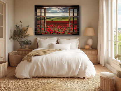 Wood Wall Art – Faux Window Print with Poppy Field Painting | Rustic Farmhouse Decor