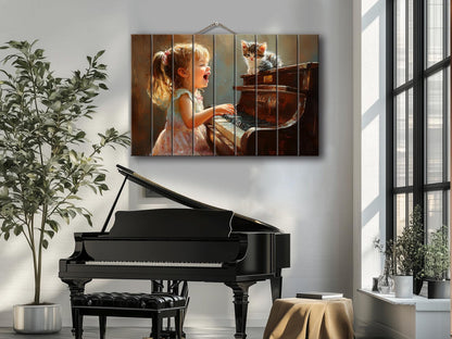 Wooden Piano Wall Art – Happy Girl Playing Piano Print on Natural Wood Plank
