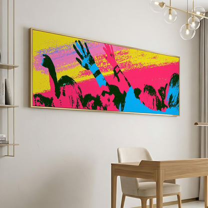 a large, colorful abstract painting hanging on a white wall.