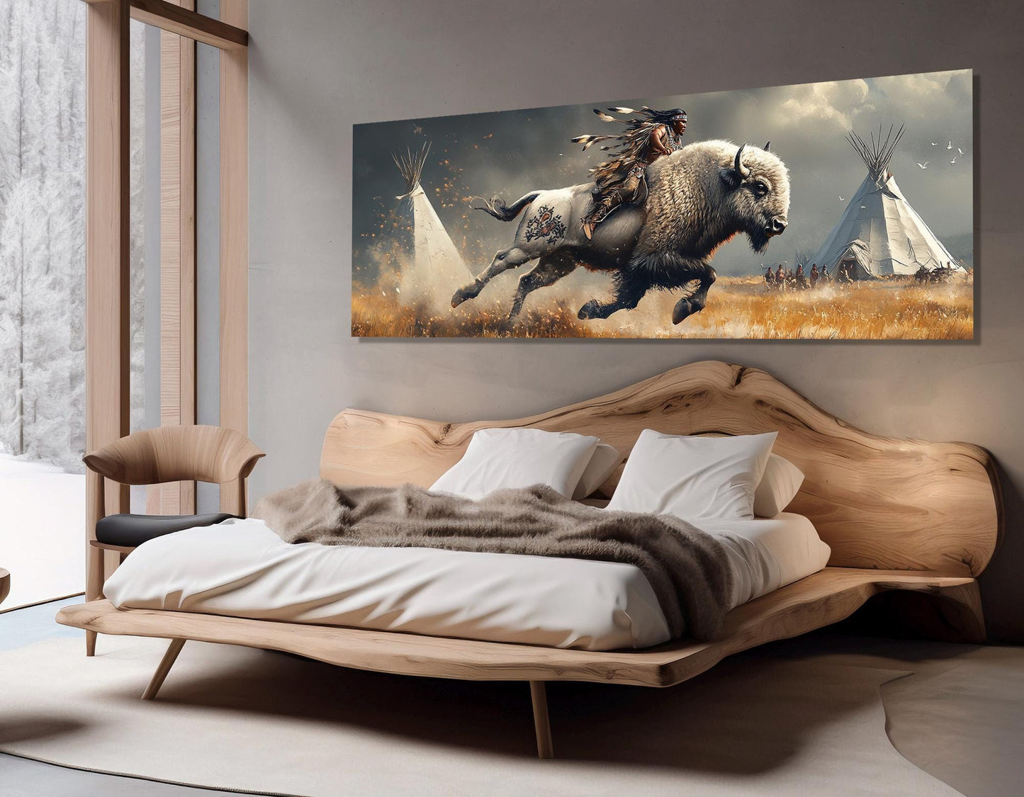 May include: A white buffalo with a Native American rider galloping across a grassy plain. The buffalo is running towards the right side of the image. The rider is wearing a feathered headdress and a brown leather outfit. There are two teepees in the background, one on the left and one on the right. The sky is cloudy and the sun is shining.