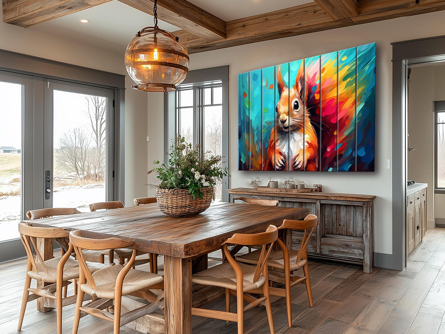 Wood Wall Art - Colorful Squirrel Abstract Painting on Natural Wood Planks