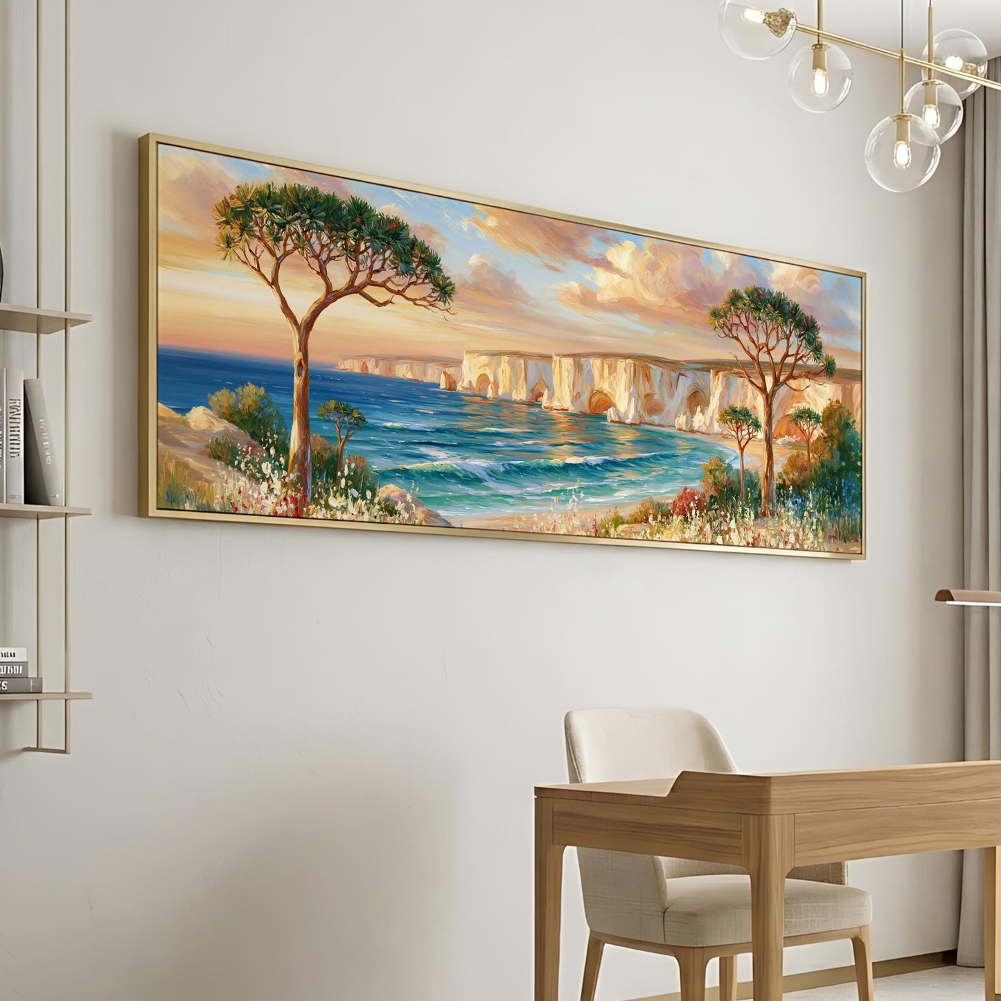 a large painting of a scenic landscape with a body of water, cliffs, and trees, hanging on a wall in a room with a desk and chair.
