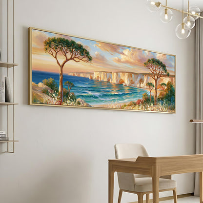 a large painting of a scenic landscape with a body of water, cliffs, and trees, hanging on a wall in a room with a desk and chair.