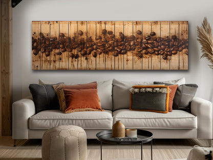 Coffee Beans Rustic Art Print on Natural Wood – Kitchen Wall Decor