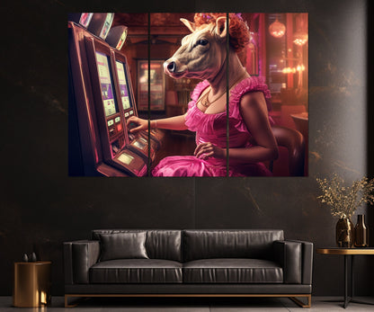 Casino Wall Art - Cow Playing Slots Print | Framed Canvas Ready to Hang