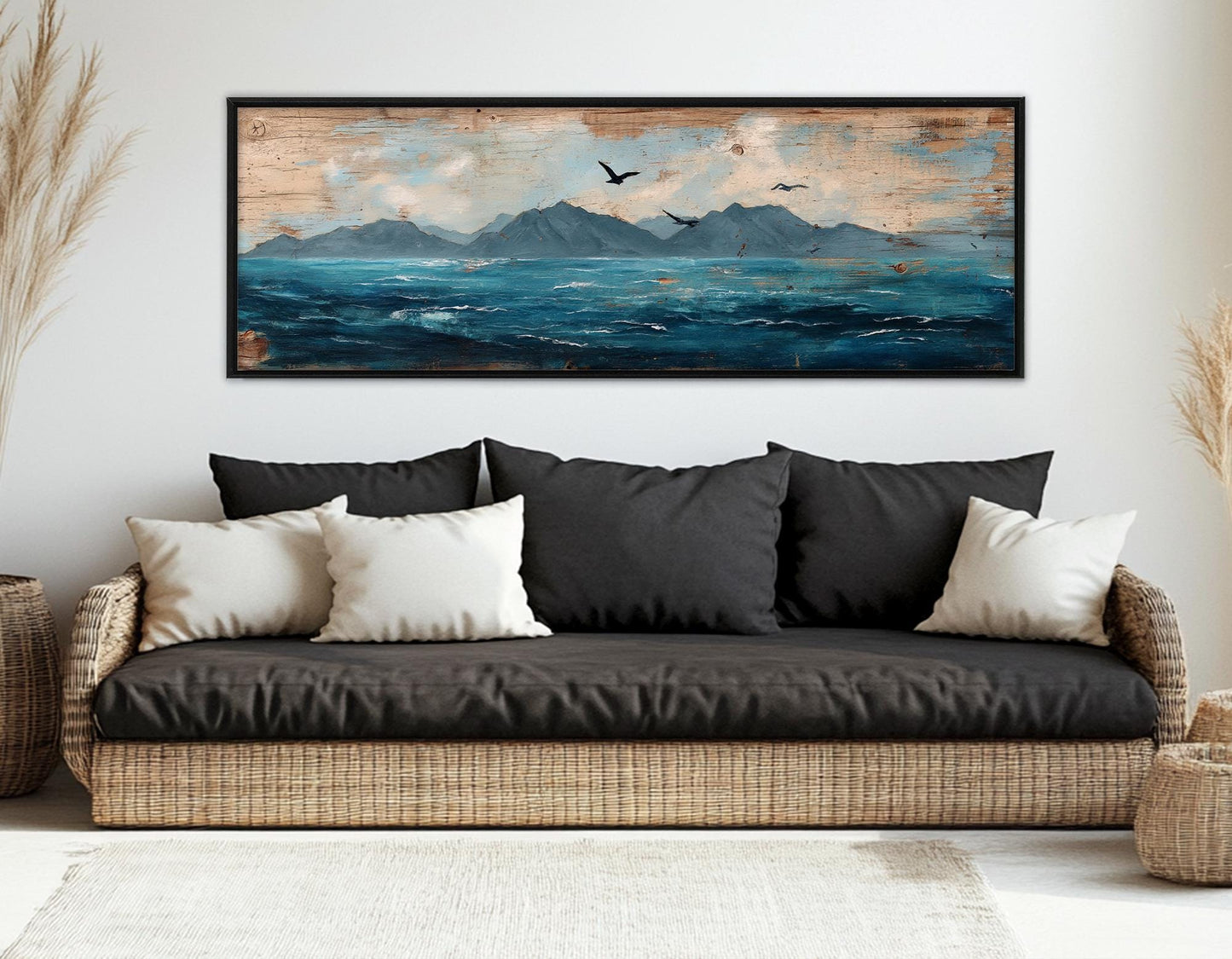 Ocean Canvas Print – Dramatic Mountain Seagull Painting | Framed Canvas Wall Decor