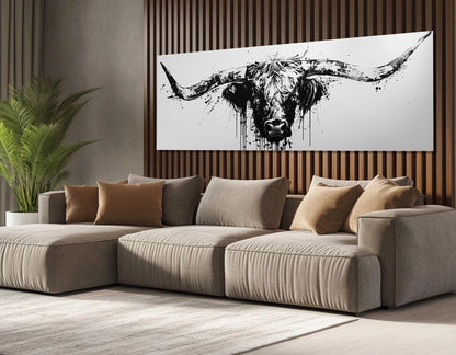 Longhorn Canvas Print - Framed Rustic Bull Decor with Black and White Art