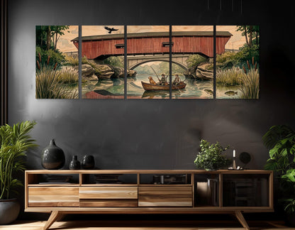Narrows Bridge Canvas Print, Panoramic Covered Bridge Painting, Large River Wall Art, Framed and Ready to Hang