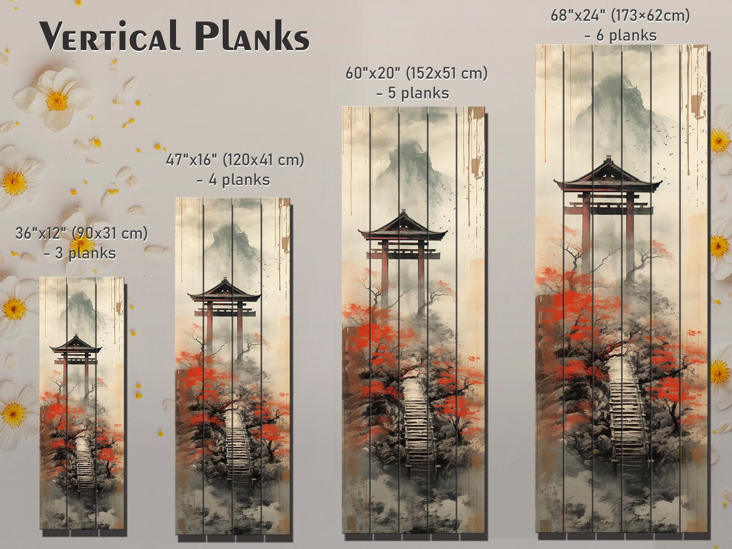 Japanese Torii Gate Wall Art – Misty Mountain Zen Landscape Decor on Wood Panel