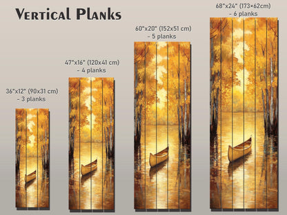 Canoe Painting Printed on Natural Wood – Golden Autumn Lake Scene – Rustic Cabin Wall Decor, Wood Wall Art