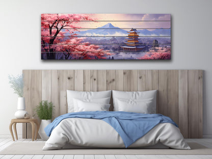 Sakura Blossom Wall Art – Japanese Wood Art Print on Natural Wood Planks