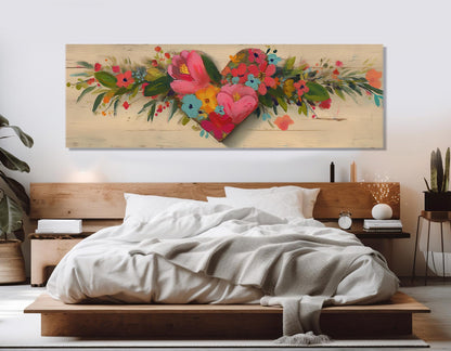 Rustic Floral Heart Canvas - Framed Gallery Wrapped Wall Art, Ready to Hang