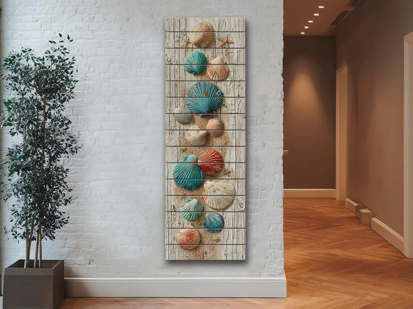 Rustic Wood Wall Art – Coastal Seashell Print on Natural Wood Planks