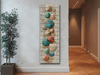 Rustic Wood Wall Art – Coastal Seashell Print on Natural Wood Planks