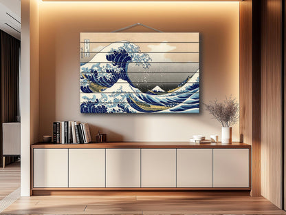 Great Wave Wood Print – Japanese Wall Art | Abstract Sea Waves Wooden Plank Art