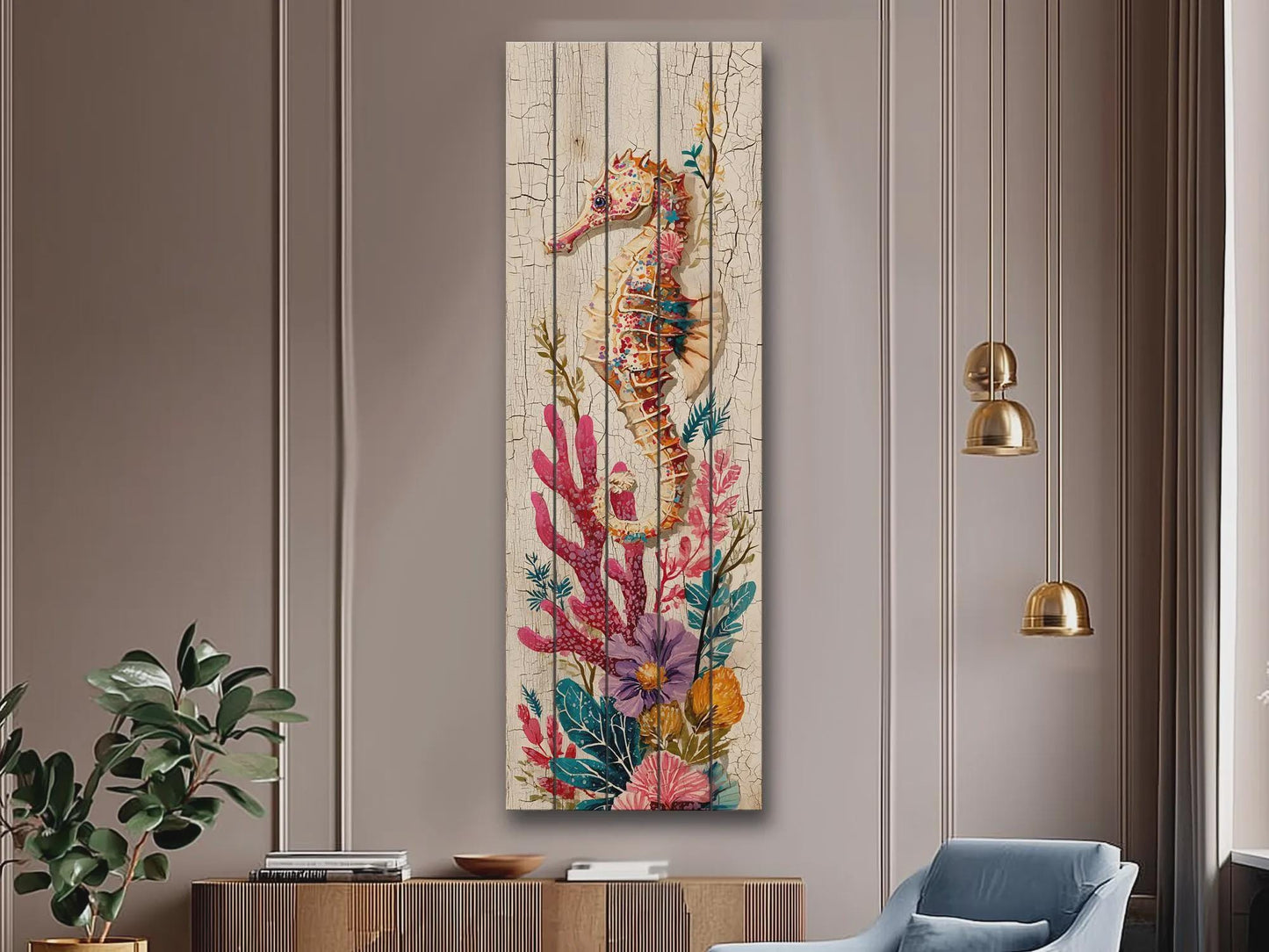Rustic Nautical Wall Art – Seahorse Wood Print on Natural Wood Plank – Coastal Decor