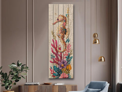 Rustic Nautical Wall Art – Seahorse Wood Print on Natural Wood Plank – Coastal Decor