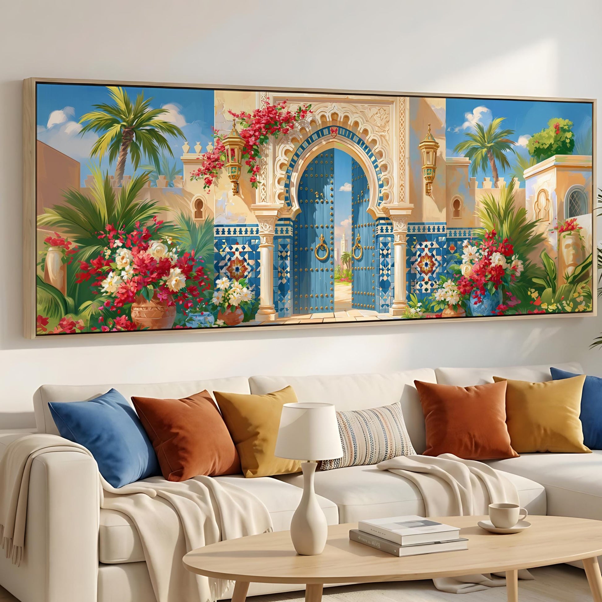 a large, colorful painting of an ornate gate and lush tropical landscape hanging on a wall above a white sofa with colorful throw pillows.