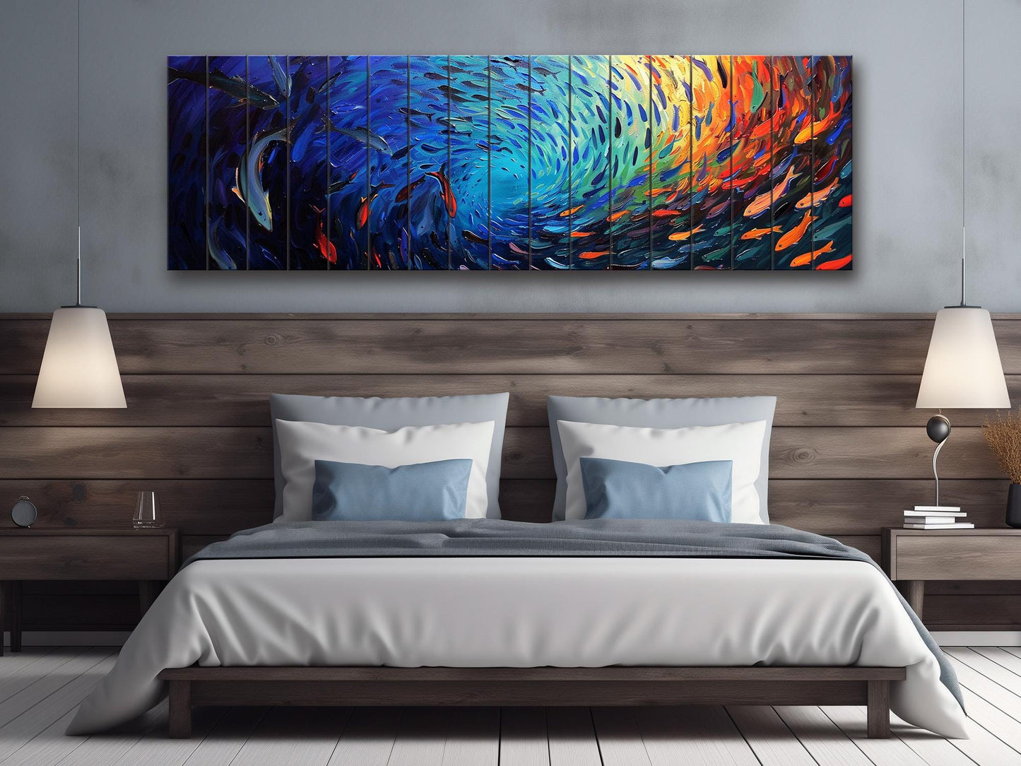 Fishing Wall Art – Colorful School Of Fish Wooden Wall Decor On Natural Wood Print