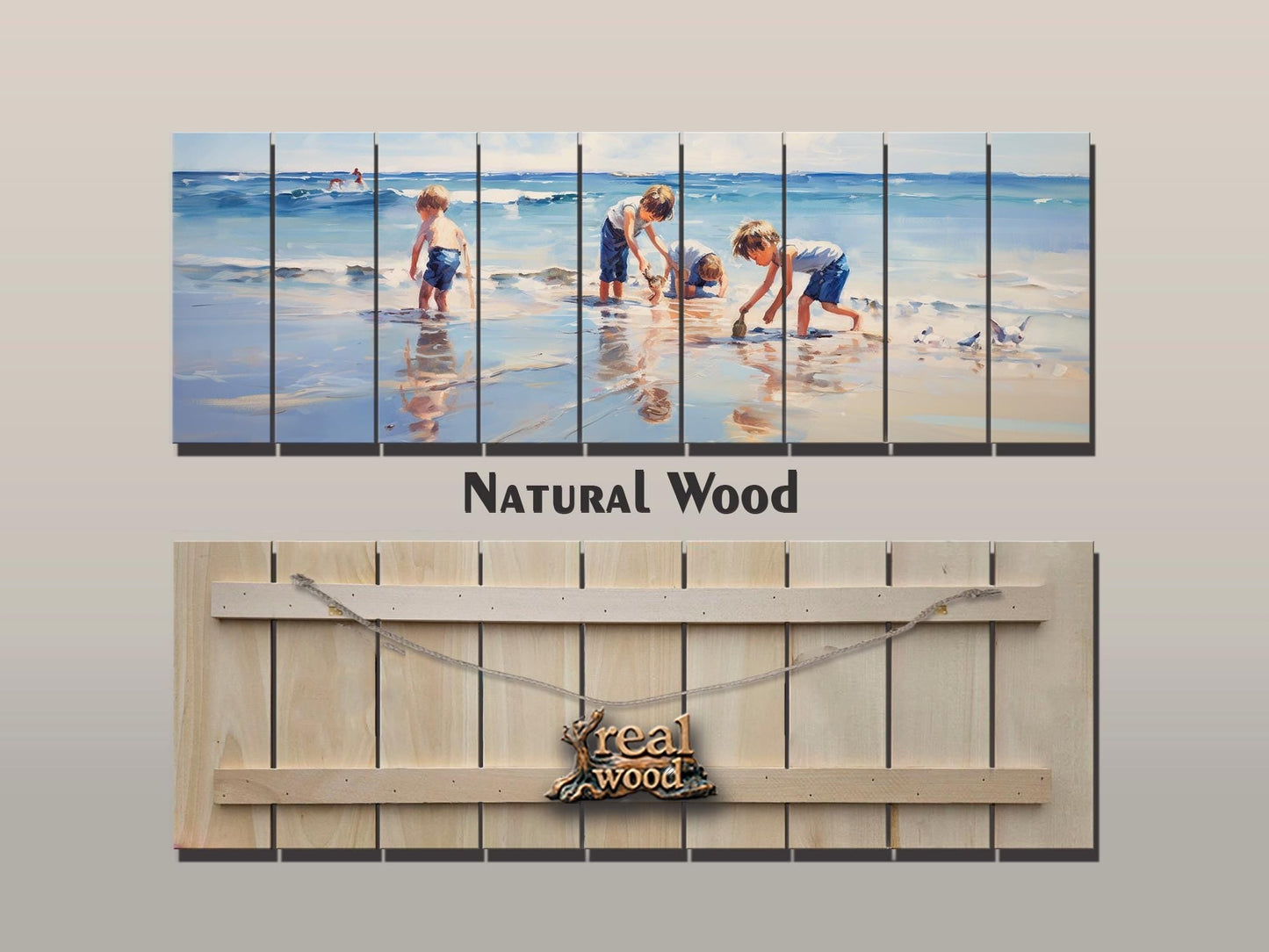 Wood Wall Art – Large Beach Wall Decor with Kids Playing on the Beach Print